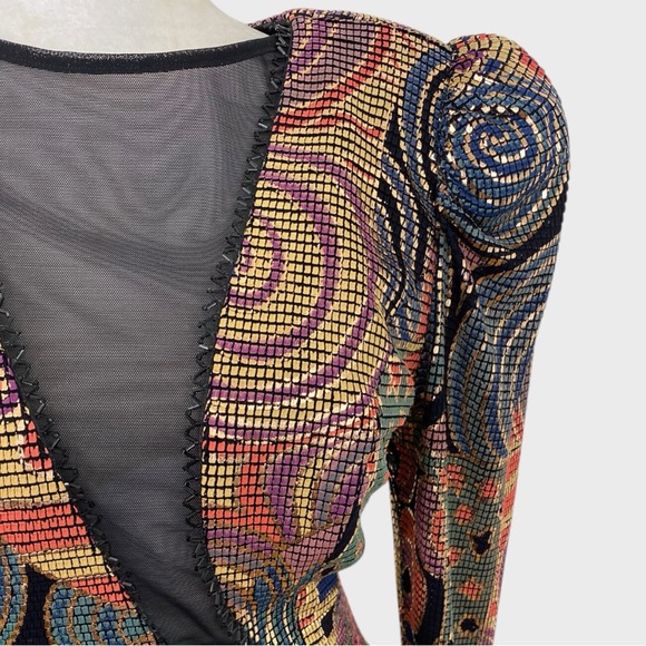 Vintage Multicolor Metallic Painted Bombshell Mesh Front Midi Dress Size Small - Picture 14 of 16